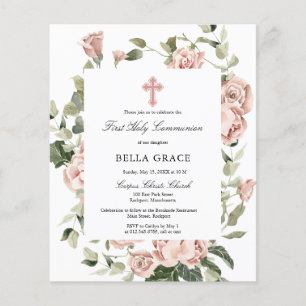 Papier Budget Pink Floral First Holy Communion Invitation