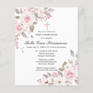 Papier Budget Pink Floral First Holy Communion Invitation