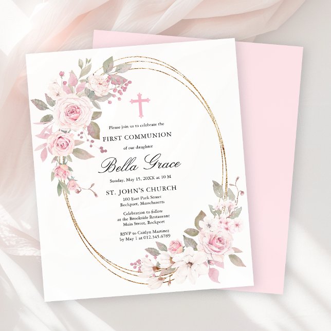 Papier Budget Pink Floral First Holy Communion Invitation (Créateur téléchargé)