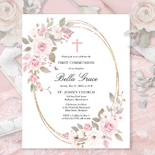 Papier Budget Pink Floral First Holy Communion Invitation