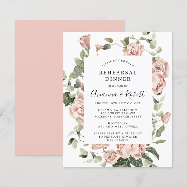 Papier Budget Pink Floral Rehearer Dîner Invitation (Devant / Derrière)