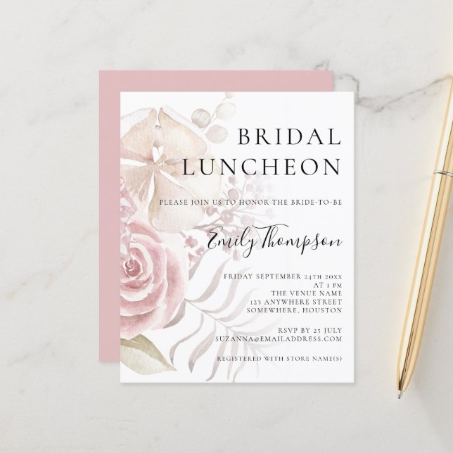 Papier Budget Pink Florals Fête des mariées Invitation de (Devant/Arrière en situation)