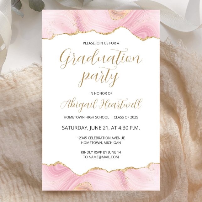 Papier Budget Pink Gold Agate Graduation Party Invitation (Créateur téléchargé)