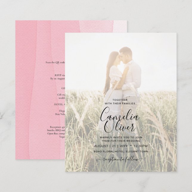 Papier BUDGET Pink Ombre PHOTO OVERLAY Mariage Invite (Devant / Derrière)