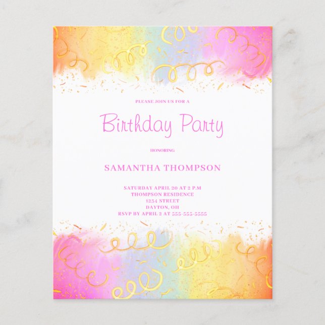 Papier Budget Pink Rainbow Confetti Invitation Anniversai (Devant)