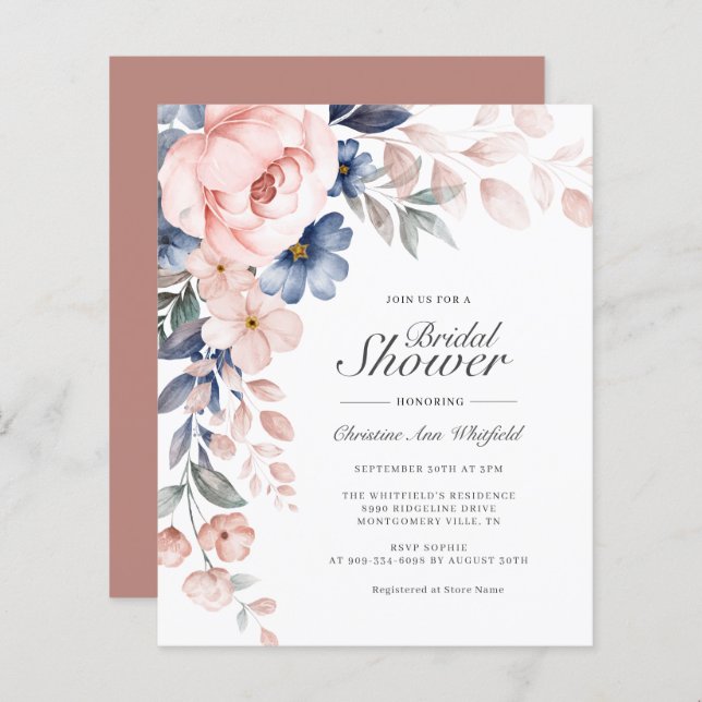 Papier Budget Pink Script Floral Douche nuptiale Invitati (Devant / Derrière)