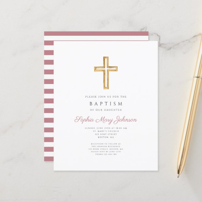 Papier Budget Pink Stripes Cross Religieux Girl Baptism (Devant/Arrière en situation)