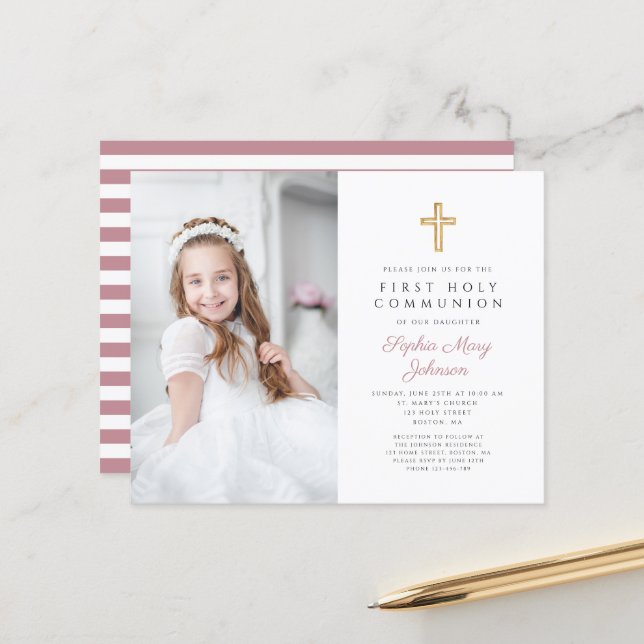 Papier Budget Pink Stripes Photo Girl First Communion (Devant/Arrière en situation)