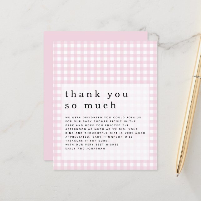 Papier Budget Pique-nique Baby shower Rose En vichy Merci (Devant/Arrière en situation)