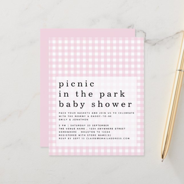 Papier Budget Pique-nique Parc Baby shower rose En vichy  (Devant/Arrière en situation)