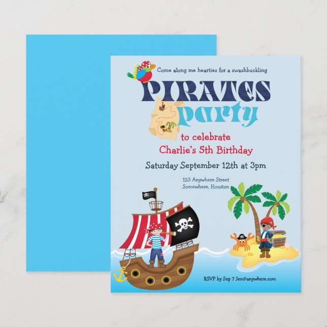 Papier Budget Pirates Anniversaire de enfant Party Invita (Devant / Derrière)