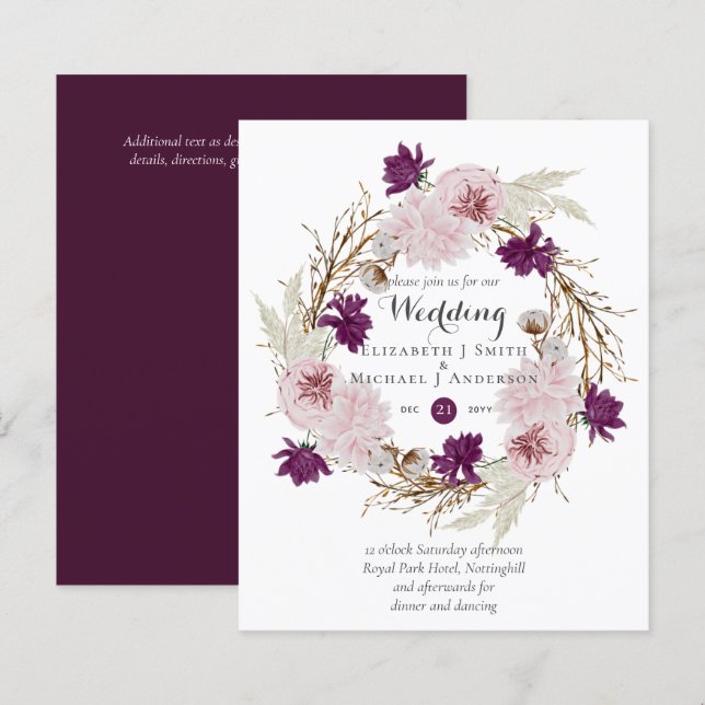 Papier Budget Plum Blooms Blush Wreath Wedding Invite (Devant / Derrière)
