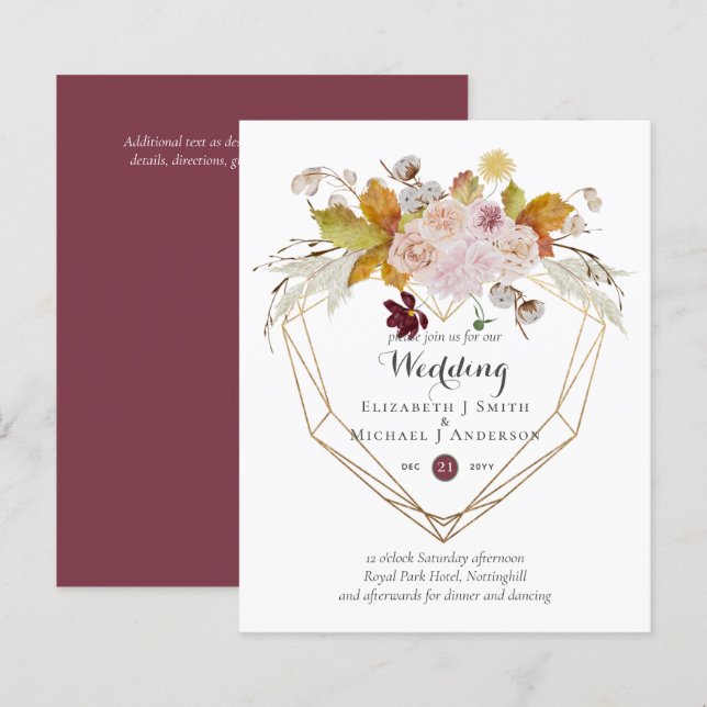 Papier Budget plum Blush rose Floral Mariage Invite (Devant / Derrière)