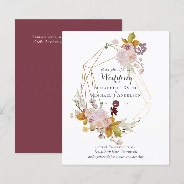 Papier Budget plum Blush rose Floral Mariage Invite (Devant / Derrière)