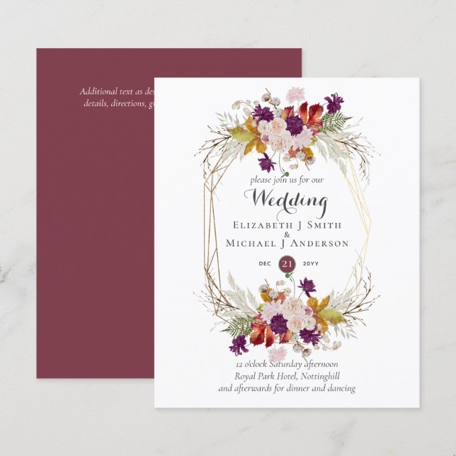 Papier Budget plum Blush rose Floral Mariage Invite (Devant / Derrière)