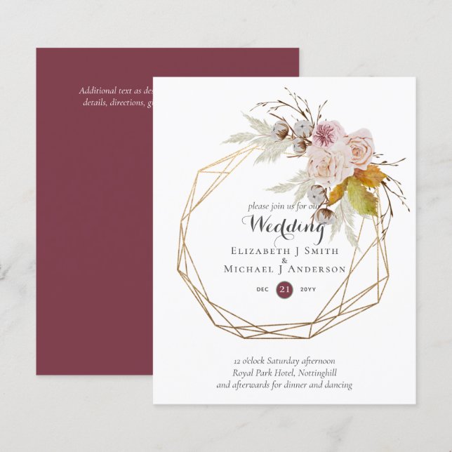 Papier Budget plum Blush rose Floral Mariage Invite (Devant / Derrière)