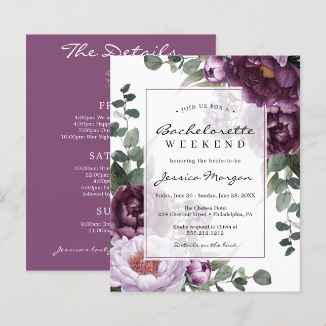 Papier Budget Plum Peonies Bachelorette Party Invitation (Devant / Derrière)