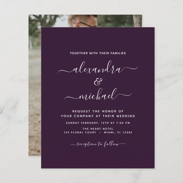 Papier Budget Plum violet Mariage avec invitation photo (Devant / Derrière)