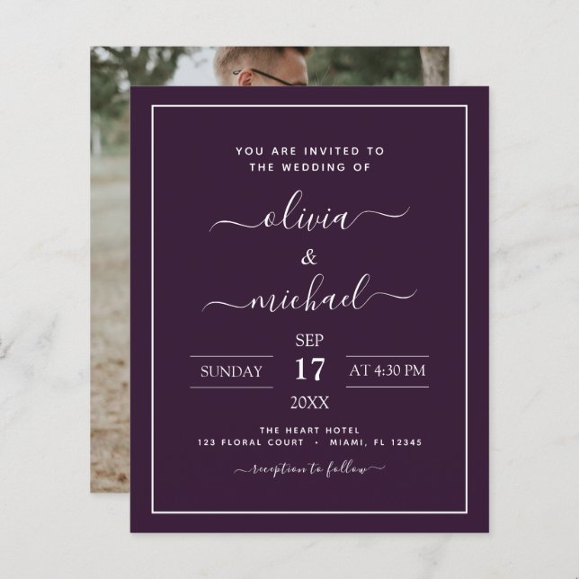 Papier Budget Plum violet Mariage avec invitation photo (Devant / Derrière)