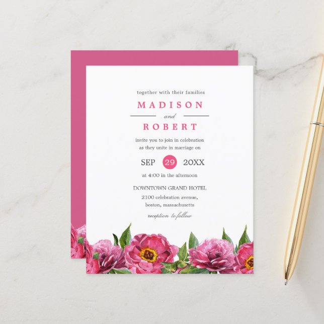 Papier BUDGET Plutôt Rose Magenta Peonies Mariage Floral (Devant/Arrière en situation)