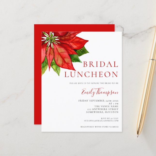 Papier Budget Poinsettia Red Bridal Luncheon Invitation (Devant/Arrière en situation)