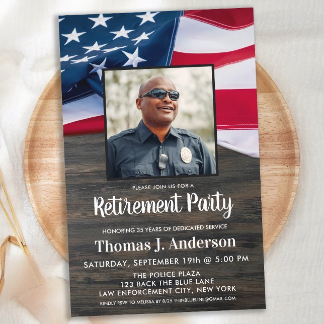 Papier Budget Police Retraite Photo American Flag Invit (Créateur téléchargé)