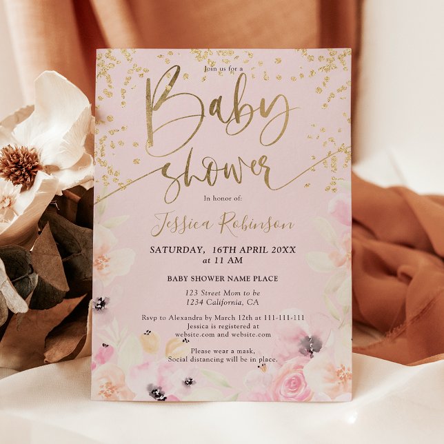 Papier Budget pour une baby shower avec aquarelle florale (Gold floral watercolor baby shower budget invitation)