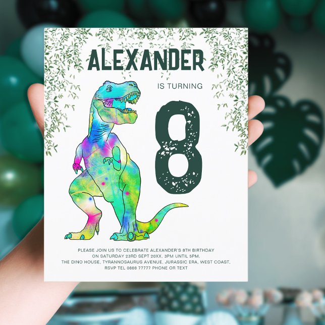 Papier Budget pour une fête d'anniversaire sur le thème d (T-Rex dinosaur jungle 8th birthday party budget invitation with green modern typography )