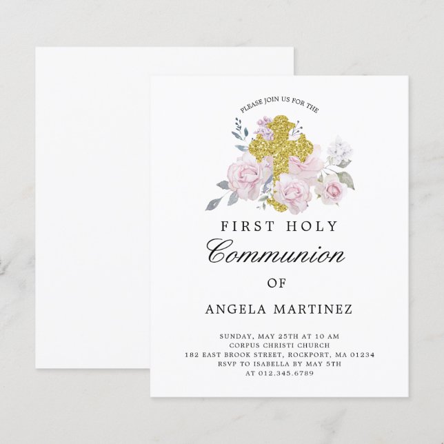 Papier Budget Première Communion rose Floral Invitation (Devant / Derrière)