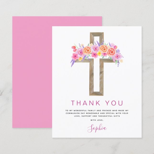 Papier Budget Première Sainte Communion Merci Floral rose (Devant / Derrière)