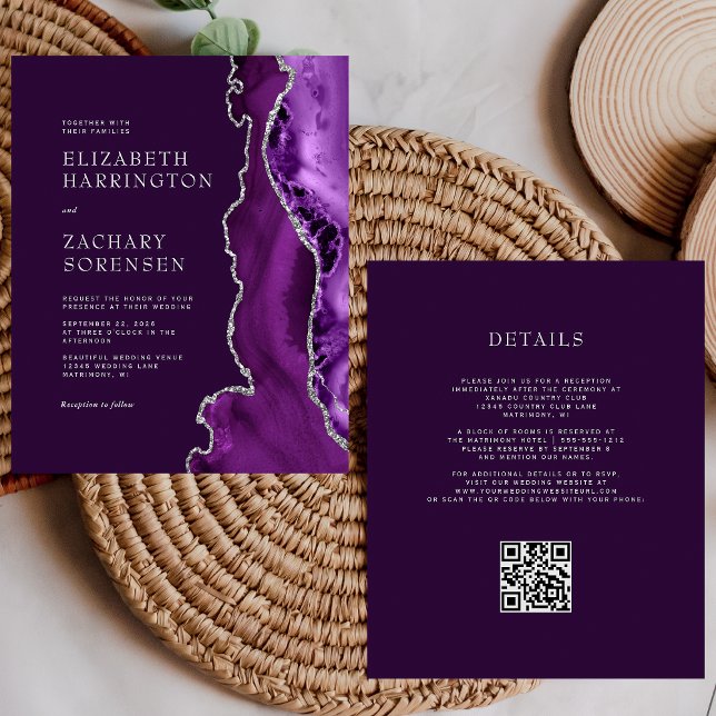 Papier Budget Purple Agate Argent QR Code Mariage Invitat (Créateur téléchargé)