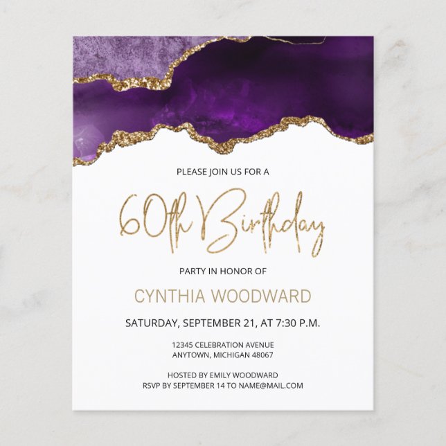 Papier Budget Purple Agate Or 60e anniversaire Invitation (Devant)