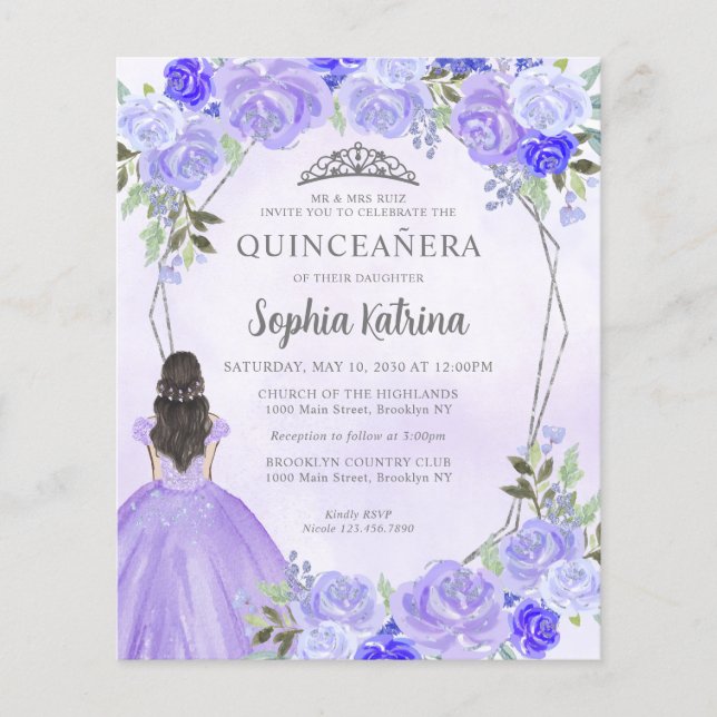 Papier Budget Purple Argent Floral Princesse Quinceañera (Devant)
