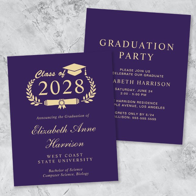 Papier Budget Purple College Graduation Party Invitation (An elegant college graduation party invitation to celebrate the graduate's achievements)