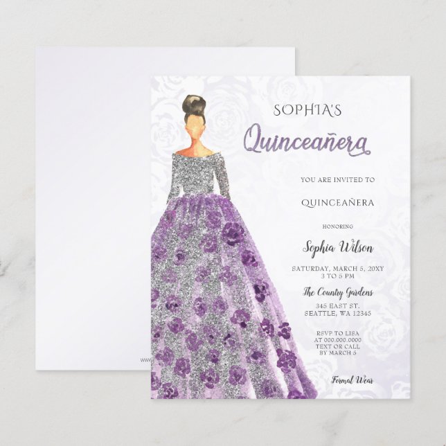 Papier Budget Purple Éperche Robe Quinceanera Invitation (Devant / Derrière)