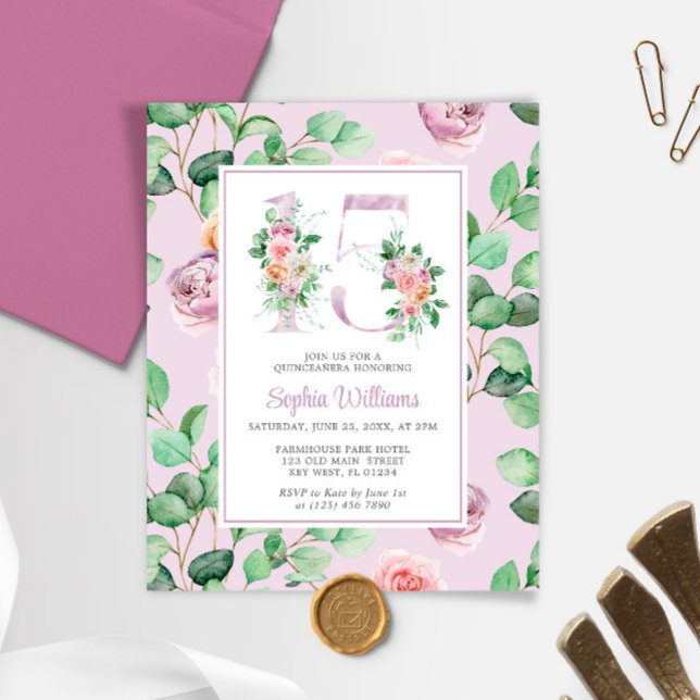 Papier Budget Purple Fleurs Roses Quinceañera Invitation (Créateur téléchargé)