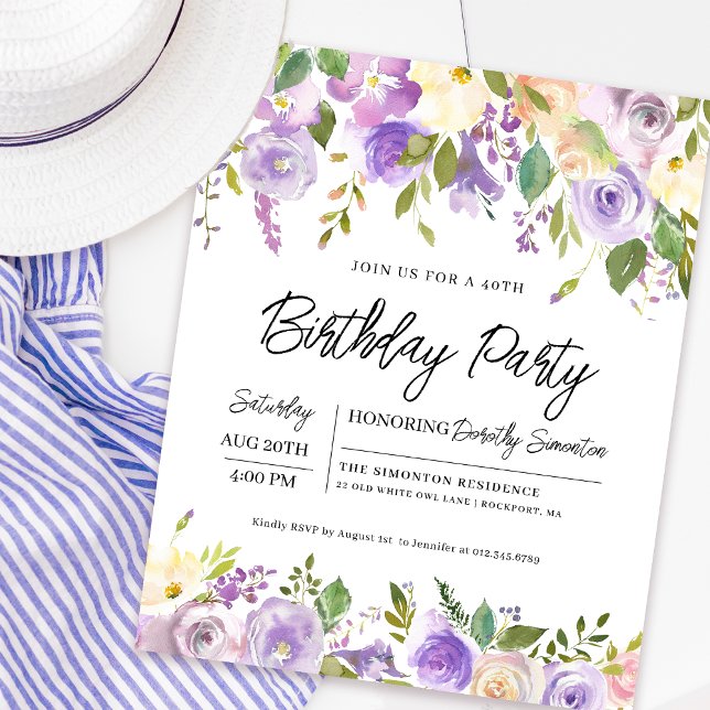 Papier Budget Purple Floral 40e Invitation anniversaire (Matching welcome signs and party supplies available. Message me for help finding them. )