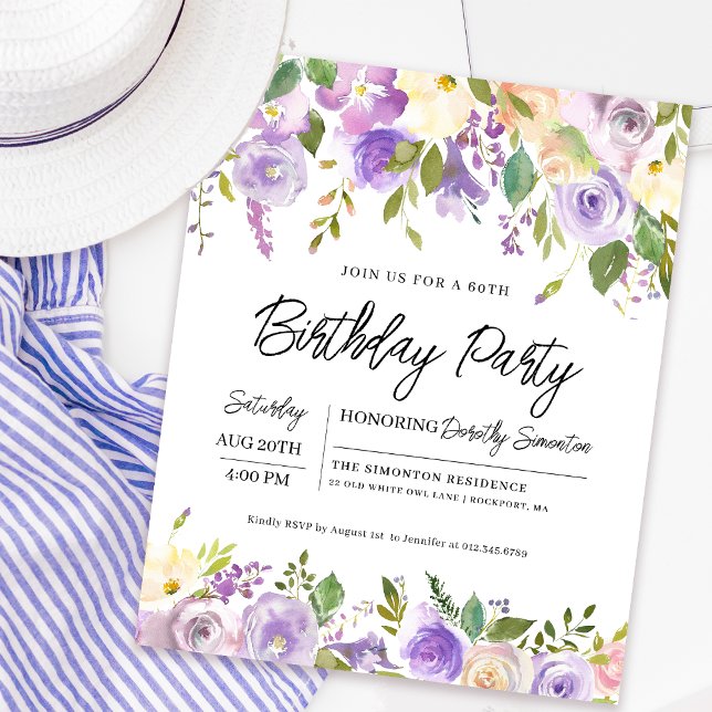 Papier Budget Purple Floral 60e anniversaire Invitation (Matching welcome signs and party supplies available. Message me for help finding them!)