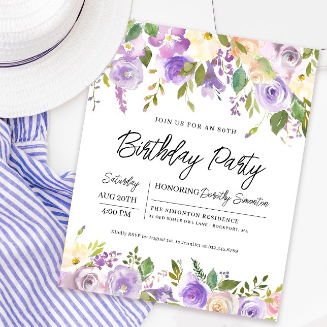Papier Budget Purple Floral 80e anniversaire Invitation (Matching welcome signs and party decor are available. Message me for help finding them!)