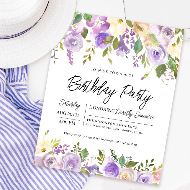 Papier Budget Purple Floral 90e Invitation anniversaire (Matching welcome signs and party supplies available. Message me for help finding them. )
