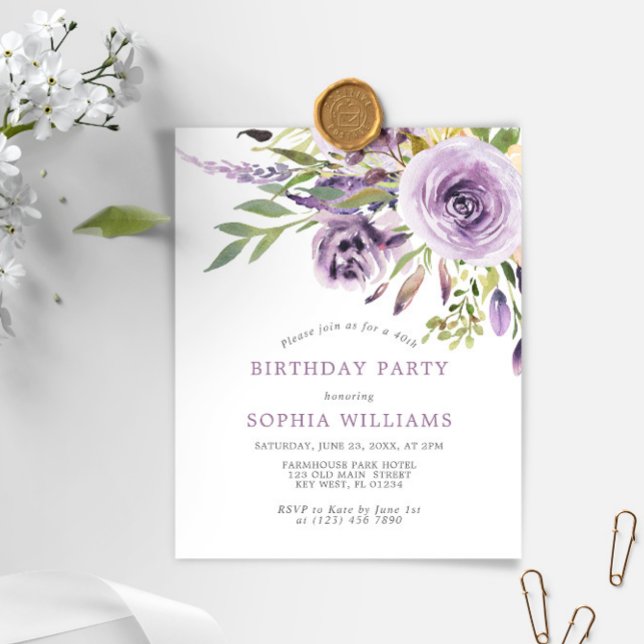 Papier Budget Purple Floral Anniversaire Fête Invitation (Créateur téléchargé)
