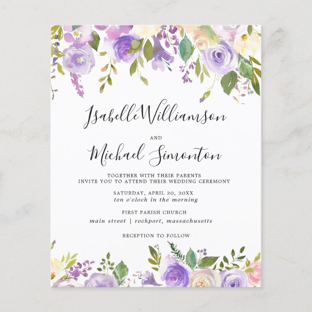 Papier Budget Purple Floral Faire-part de mariage (Devant)