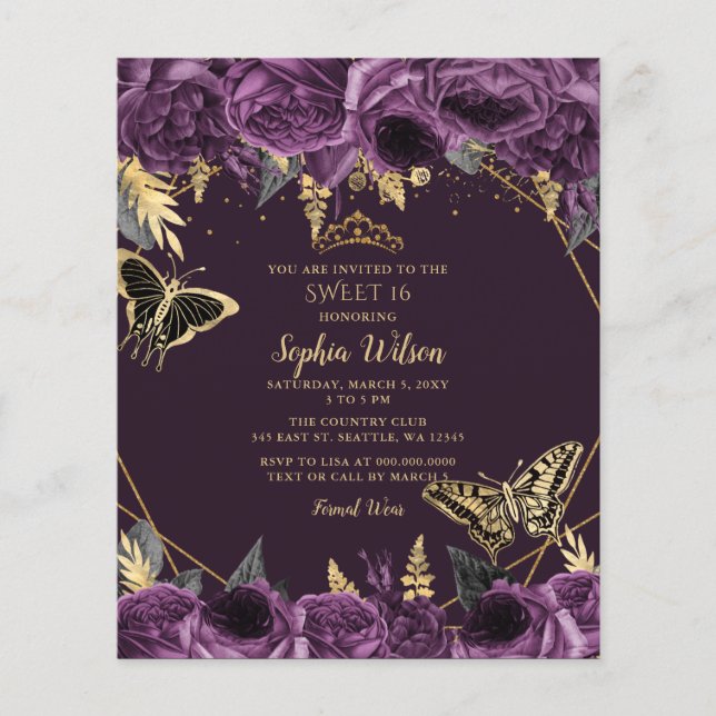 Papier Budget Purple Floral Papillon doux 16 Invitation (Devant)