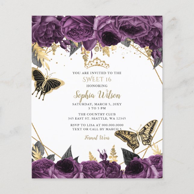 Papier Budget Purple Floral Papillon doux 16 Invitation (Devant)