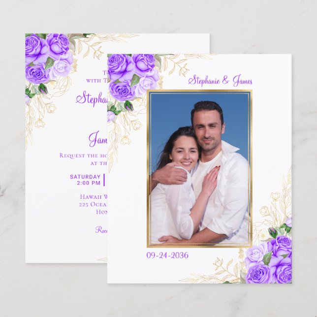 Papier Budget Purple Floral Photo Faire-part de mariage (Devant / Derrière)