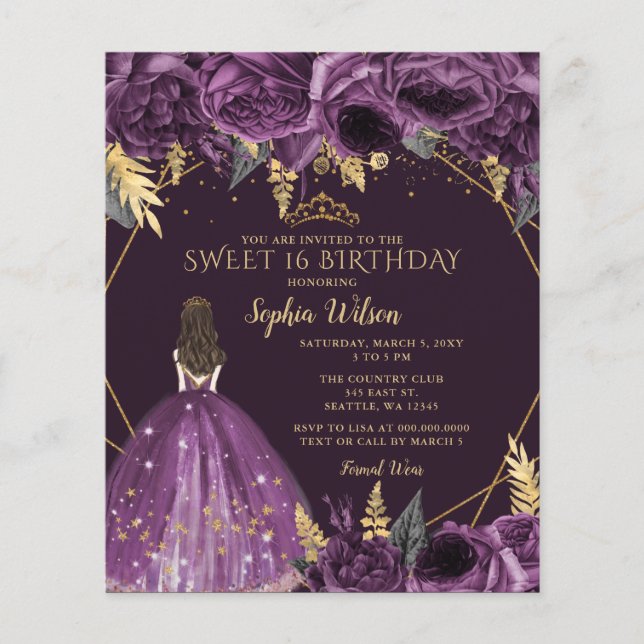 Papier Budget Purple Floral Princess Sweet 16 Invitation (Devant)