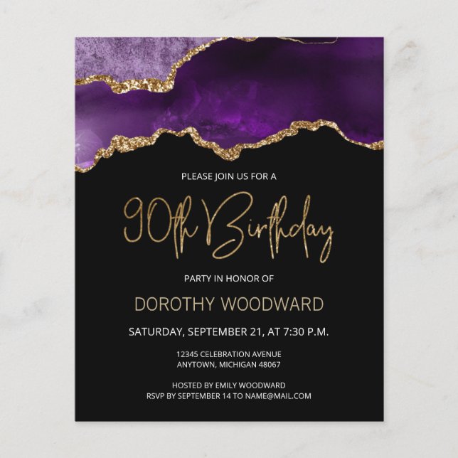 Papier Budget Purple Gold Agate 90e anniversaire Invitati (Devant)