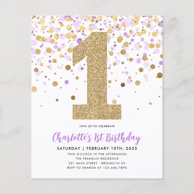 Papier Budget Purple Gold Confetti Fille 1er anniversaire (Devant)
