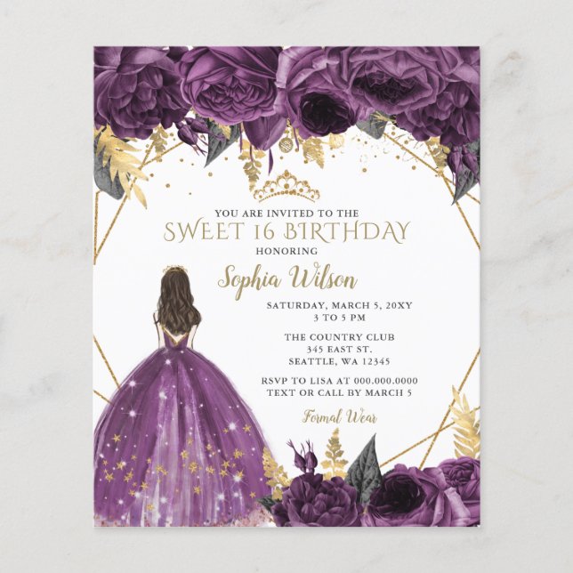 Papier Budget Purple Gold Princess Sweet 16 Invitation (Devant)