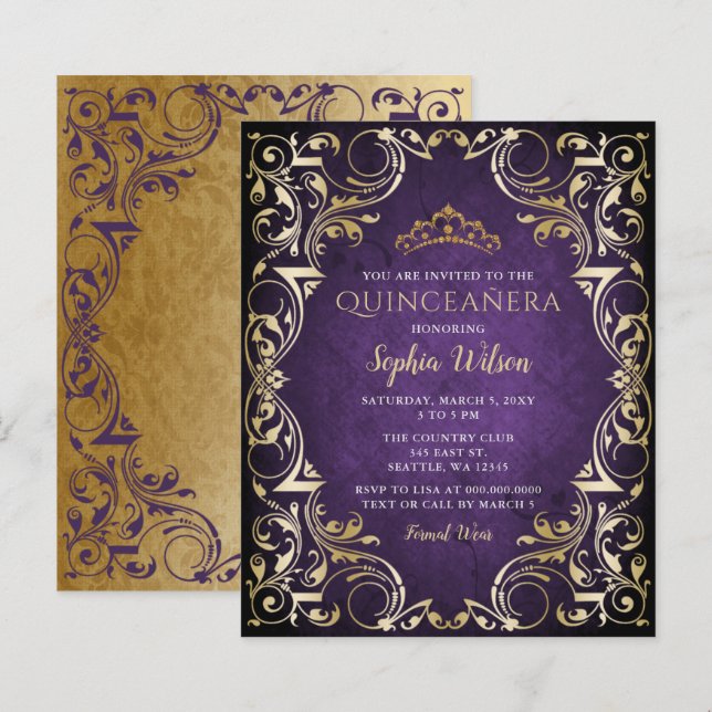 Papier Budget Purple Gold Tiara Quinceañera Invitation (Devant / Derrière)